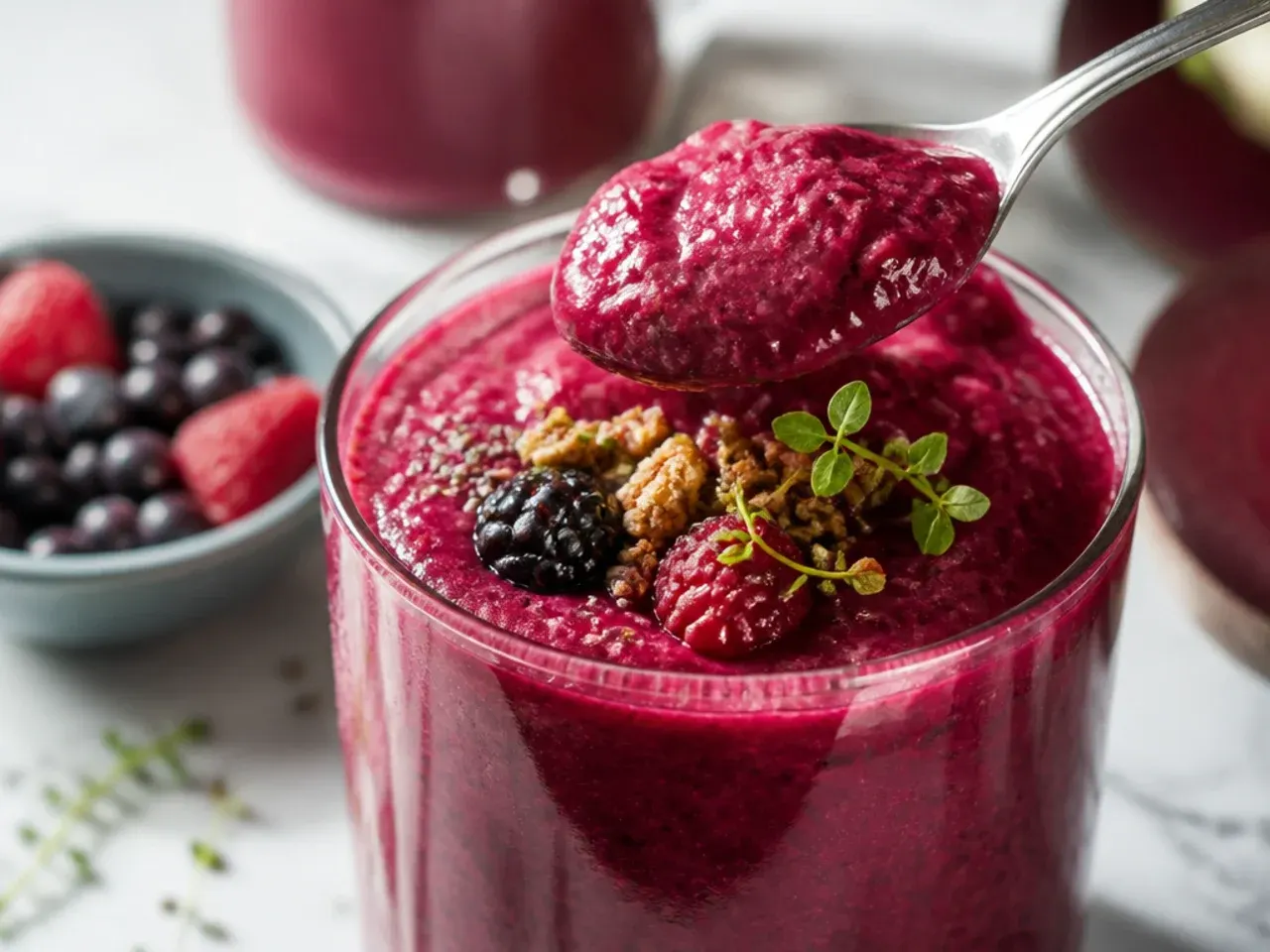 Deep magenta beetroot and berry smoothie in a glass