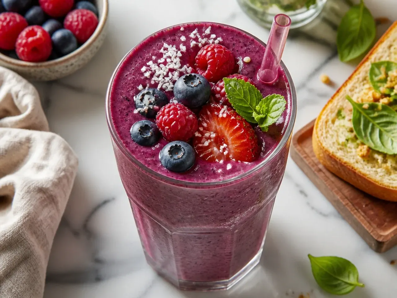 Triple berry protein smoothie topped with fresh strawberries, blueberries, and raspberries