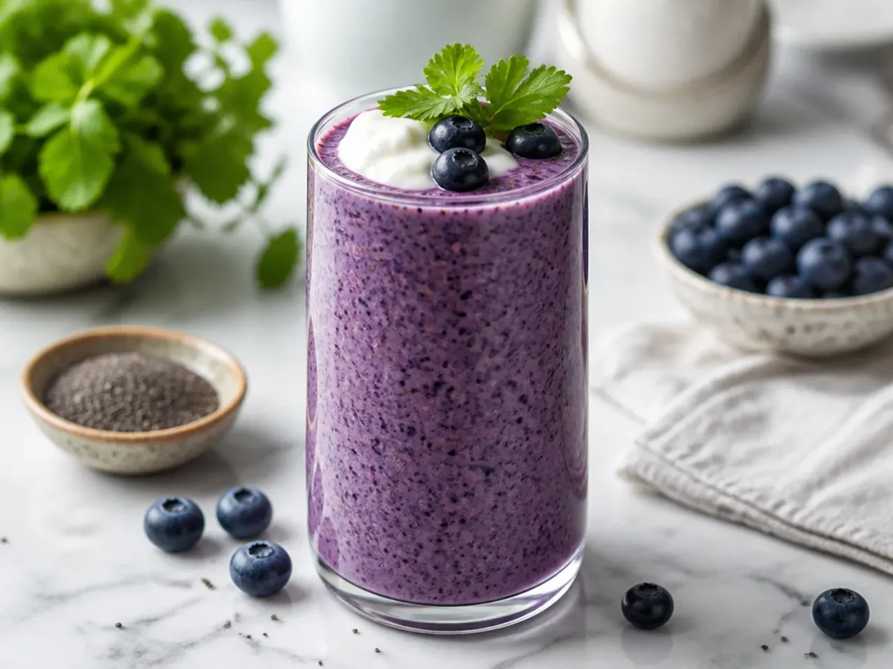 Quick blueberry chia smoothie in a glass with chia seeds scattered on top