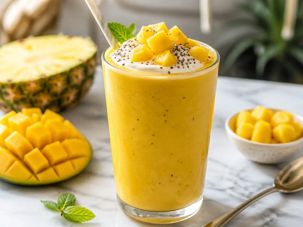 Tropical mango pineapple smoothie garnished with a pineapple wedge