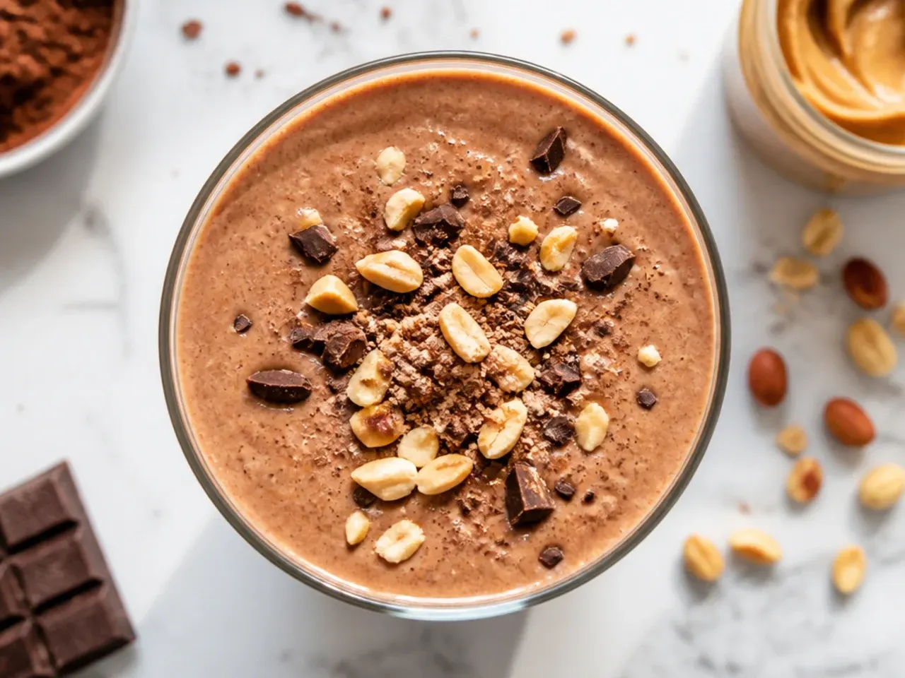 Chocolate peanut butter smoothie in a glass with a dusting of cocoa powder