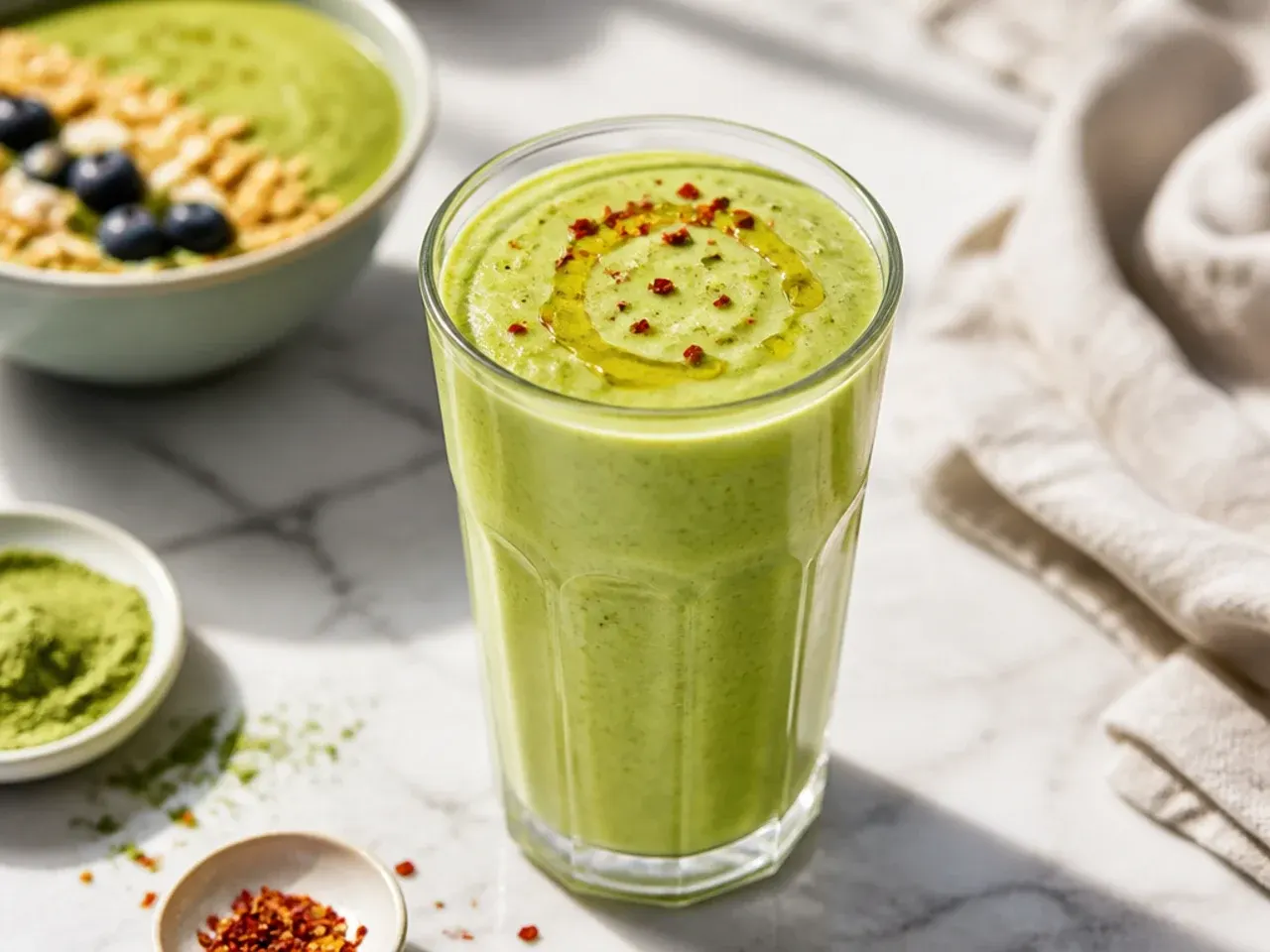 Bright green matcha smoothie in a glass with a bamboo whisk beside it