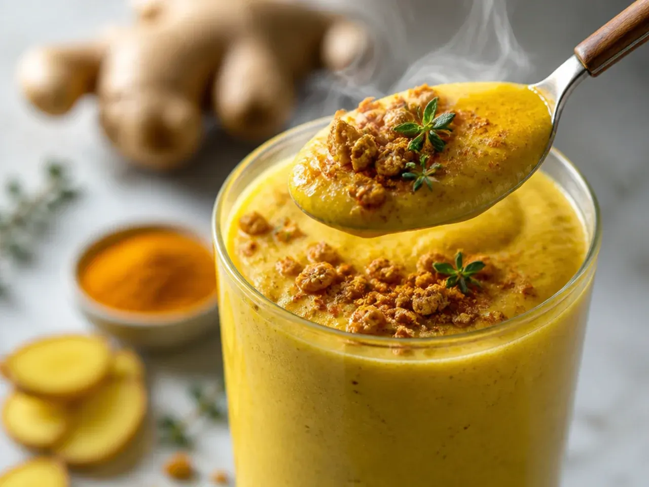 Golden turmeric ginger smoothie in a glass with fresh turmeric root