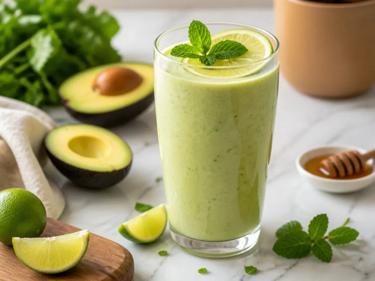 Pale green avocado lime smoothie in a glass with a lime wedge on the rim