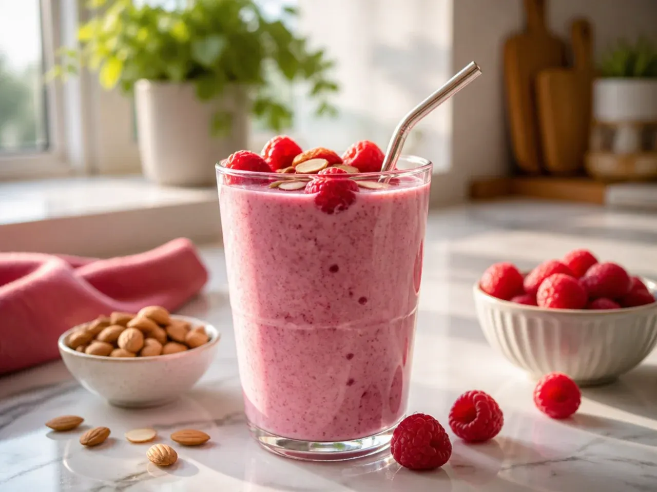 Raspberry almond smoothie in a glass with a spoonful of almond butter beside it
