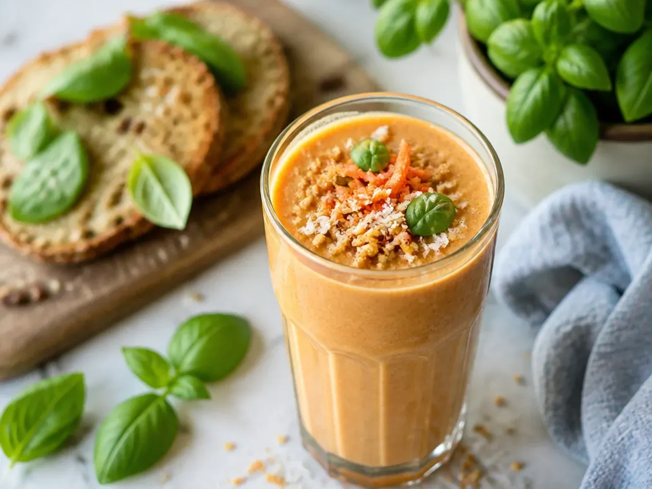 Carrot cake smoothie topped with chopped walnuts and a sprinkle of cinnamon