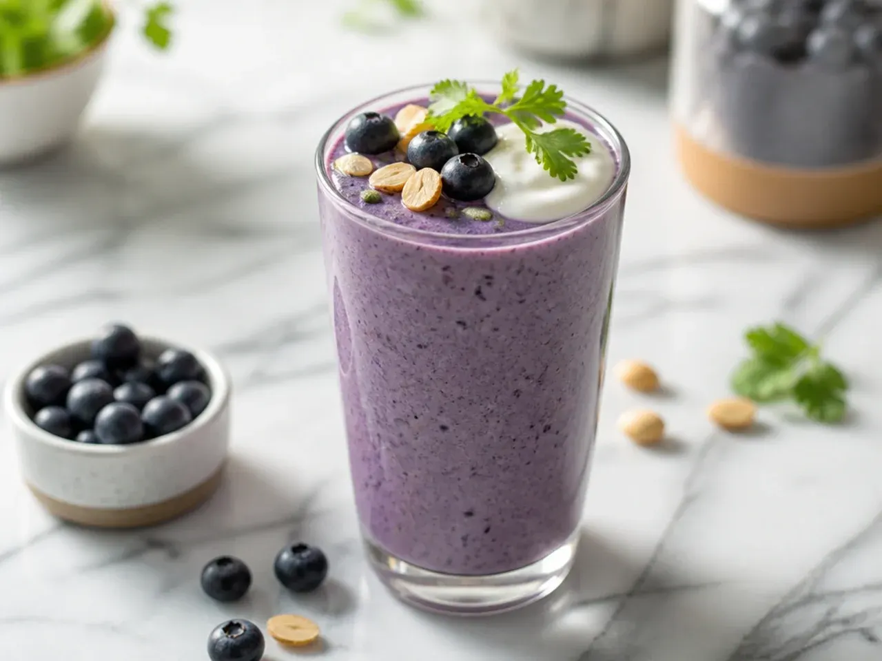 Blueberry almond butter smoothie in a glass with fresh blueberries scattered around