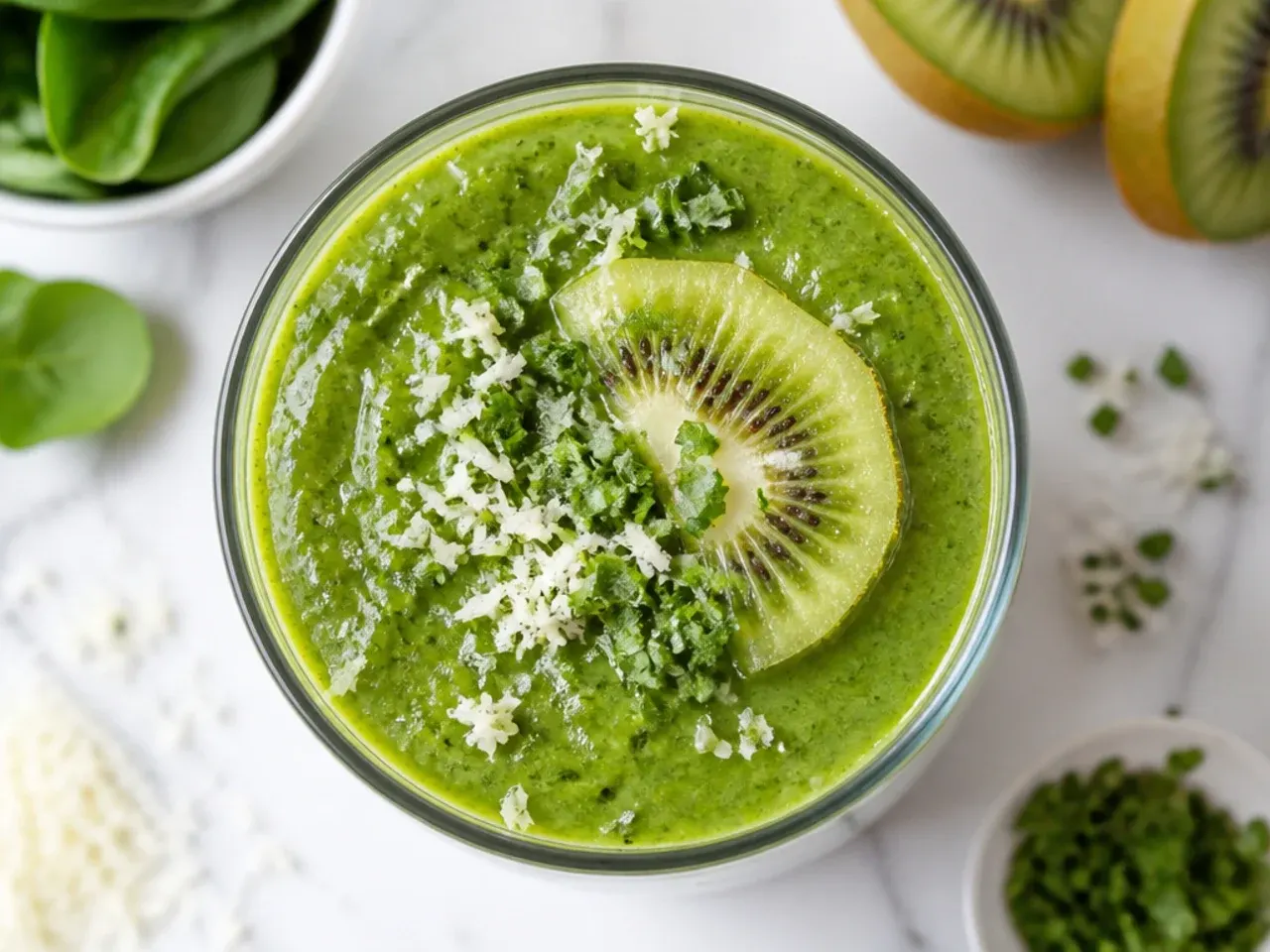 Bright green kiwi spinach smoothie with a kiwi slice on the rim