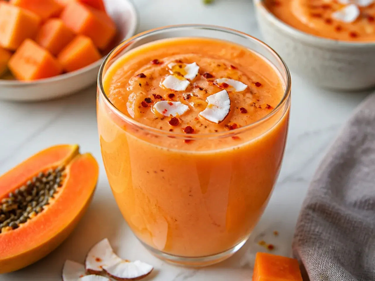 Pale orange papaya coconut smoothie in a glass with a lime wedge
