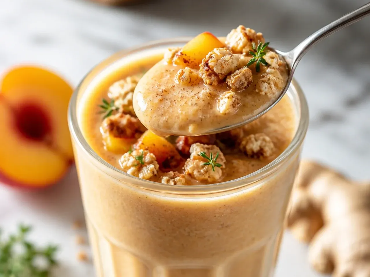 Peach ginger smoothie in a glass with fresh peach slices