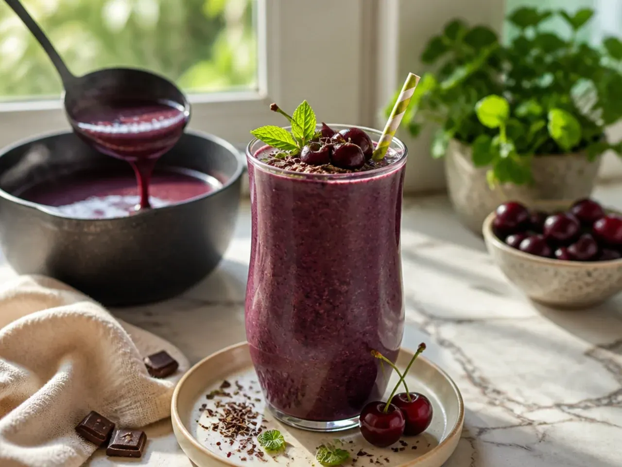Dark chocolate cherry smoothie in a glass with a few whole cherries on top