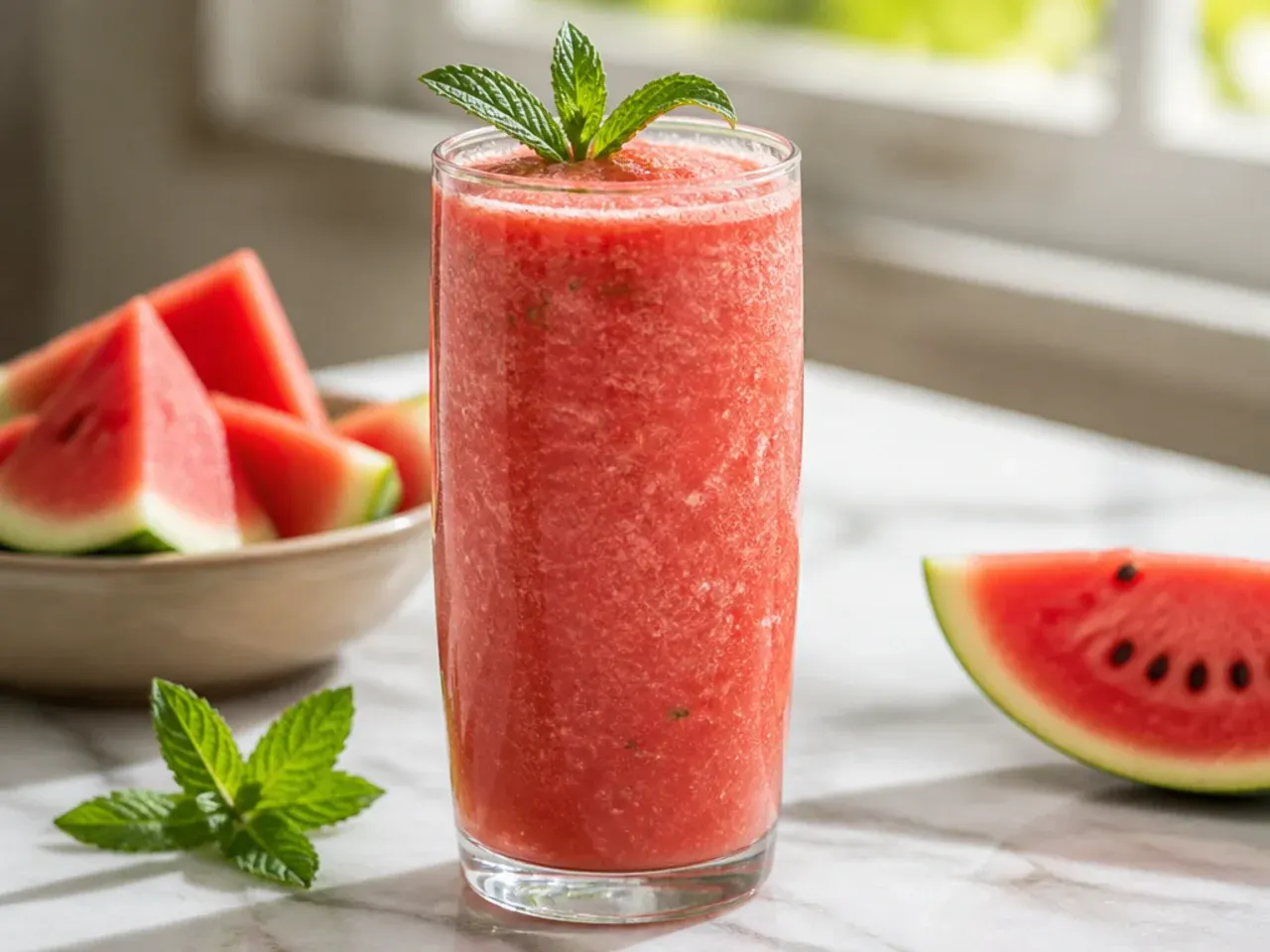 Pale pink watermelon mint smoothie in a glass with a fresh mint sprig