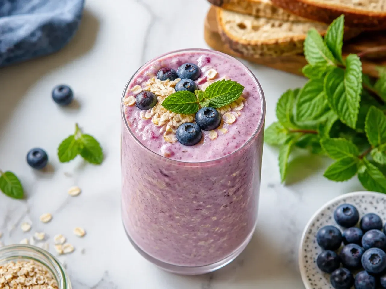 Overnight oats smoothie in a jar with a spoon of oats beside it