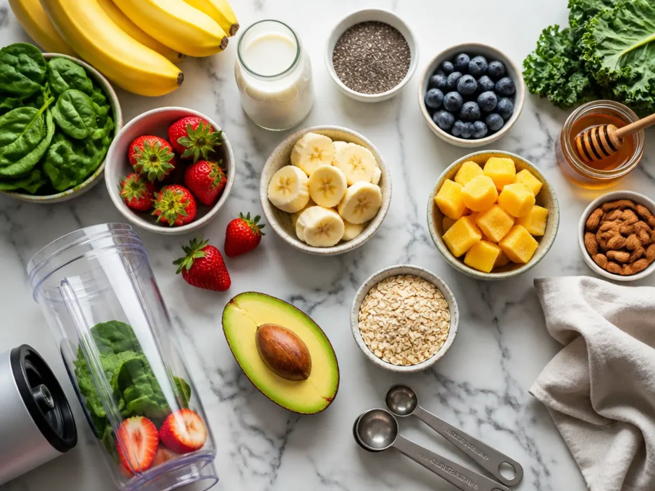 Flat lay of smoothie ingredients including frozen fruit, spinach, and a blender