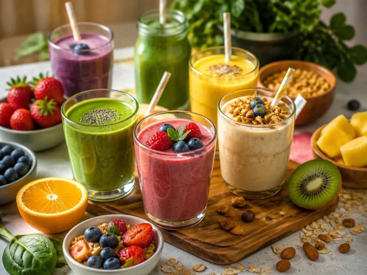 Smoothie served in a glass topped with berries, chia seeds, and a slice of toast alongside