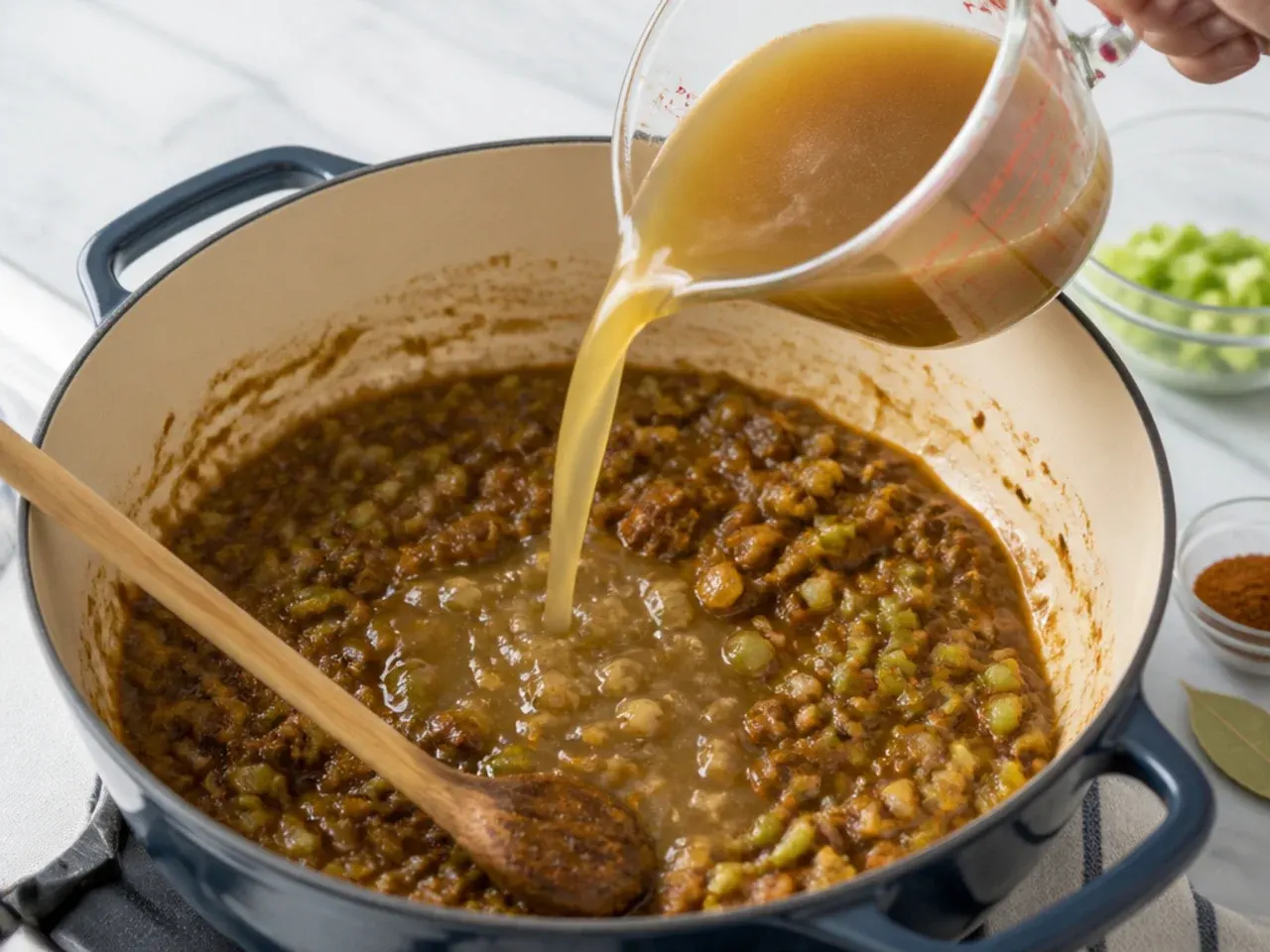 new orleans gumbo — step 4: add the stock gradually