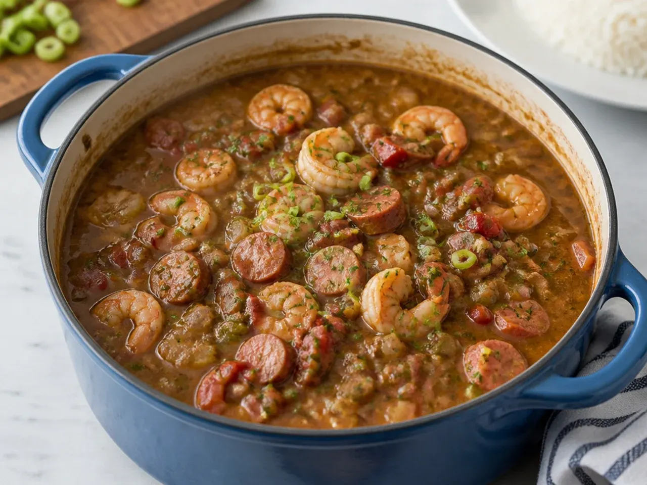 Steaming pot of New Orleans gumbo with sausage, shrimp, and the holy trinity vegetables