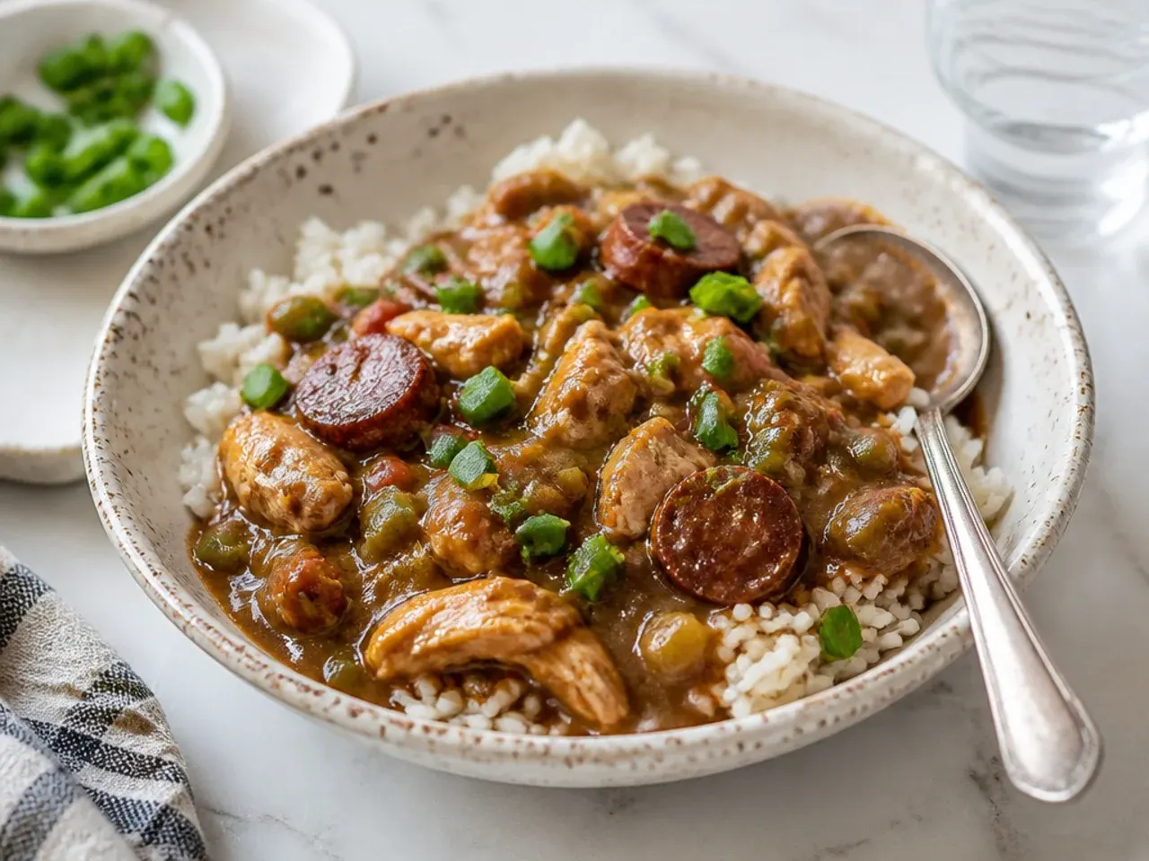 Classic New Orleans gumbo with chicken and andouille sausage served over white rice
