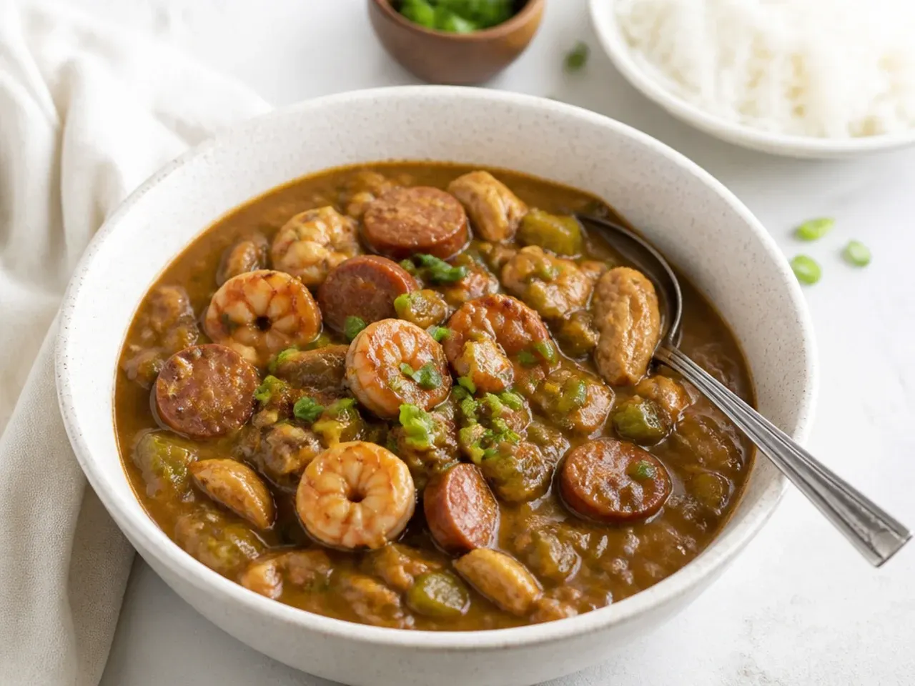 Easy slow cooker New Orleans gumbo made with a hands-off oven-baked dark roux