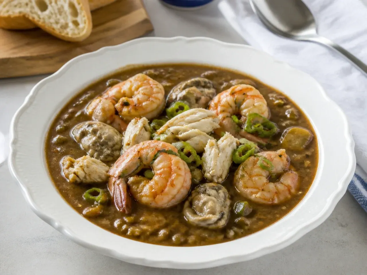 Elegant New Orleans seafood gumbo with lump crab, oysters, and shrimp in a shallow bowl