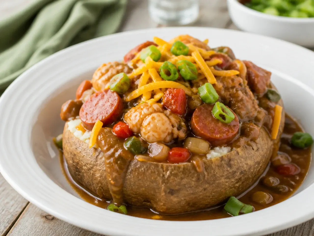 Playful New Orleans gumbo served over a loaded baked potato with cheddar and green onions