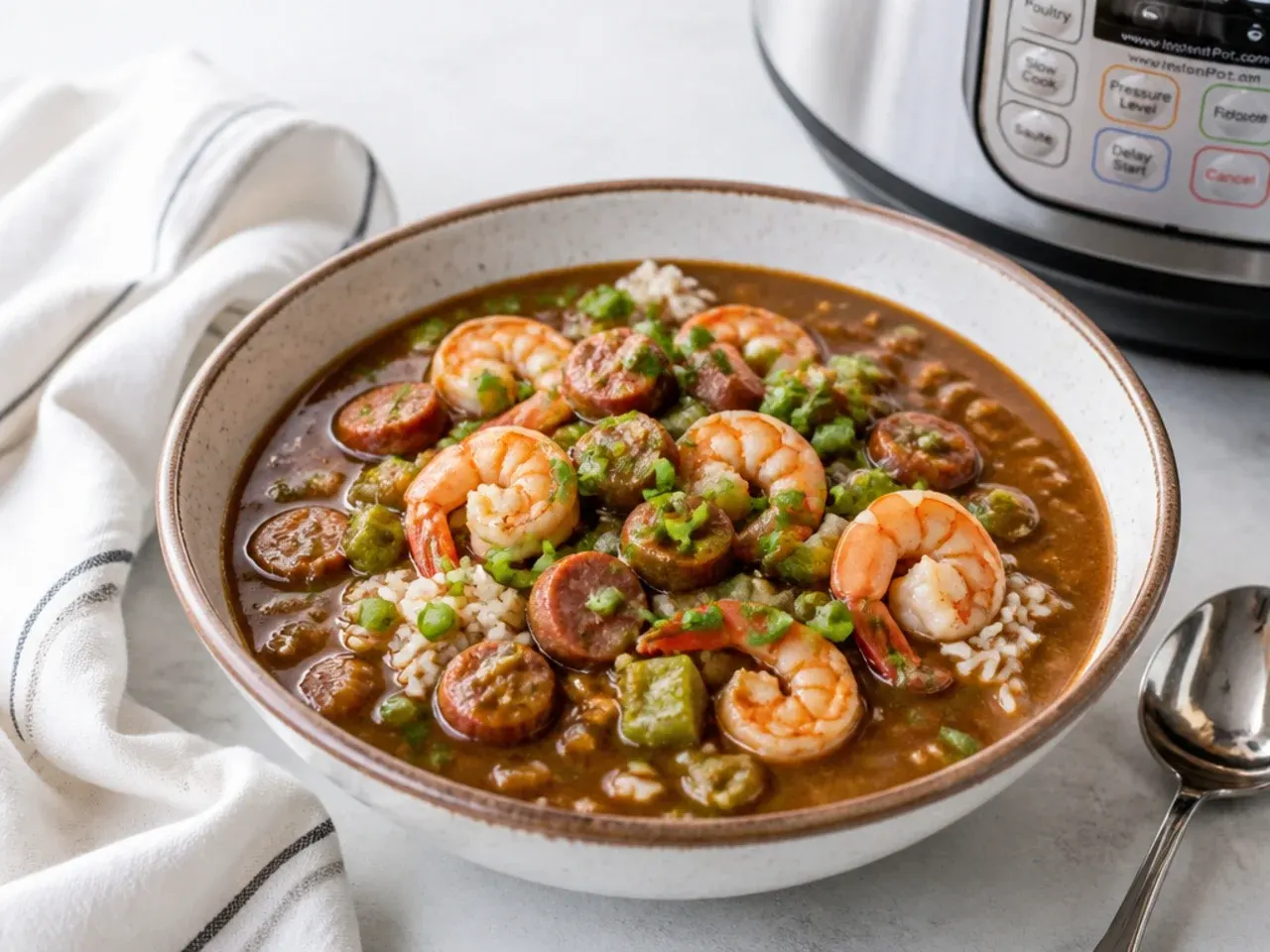 Modern Instant Pot New Orleans gumbo recipe made with a quick dry-toasted flour roux