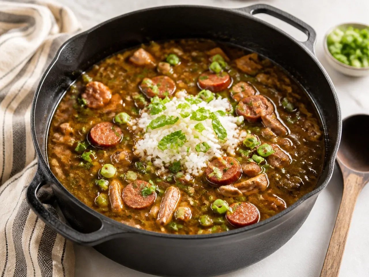 Rustic Louisiana gumbo made with smoked turkey necks and sausage in a cast iron pot