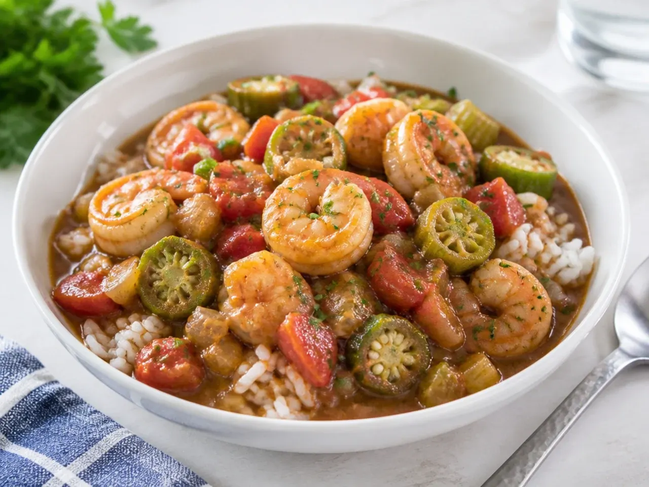Colorful Creole New Orleans gumbo with tomatoes, okra, and shrimp over rice