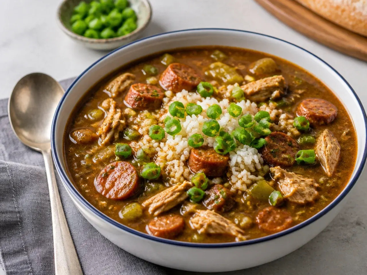 Festive New Orleans gumbo made with leftover Thanksgiving turkey and andouille sausage