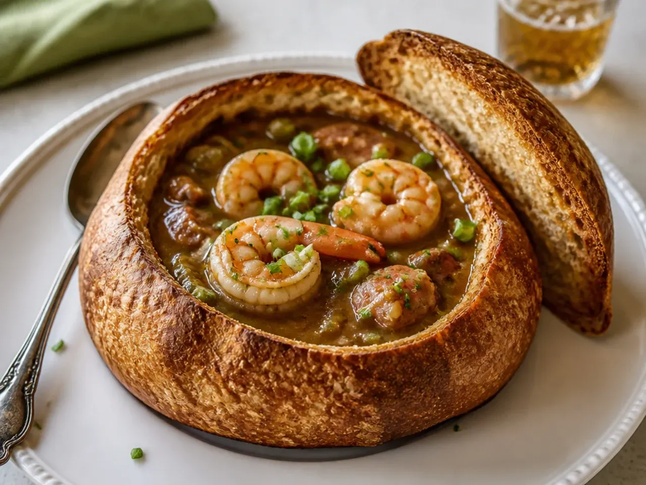 Whimsical New Orleans gumbo served in a toasted sourdough bread bowl