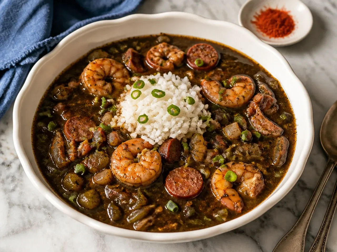 Bold New Orleans gumbo made with an extra-dark black roux and cayenne pepper