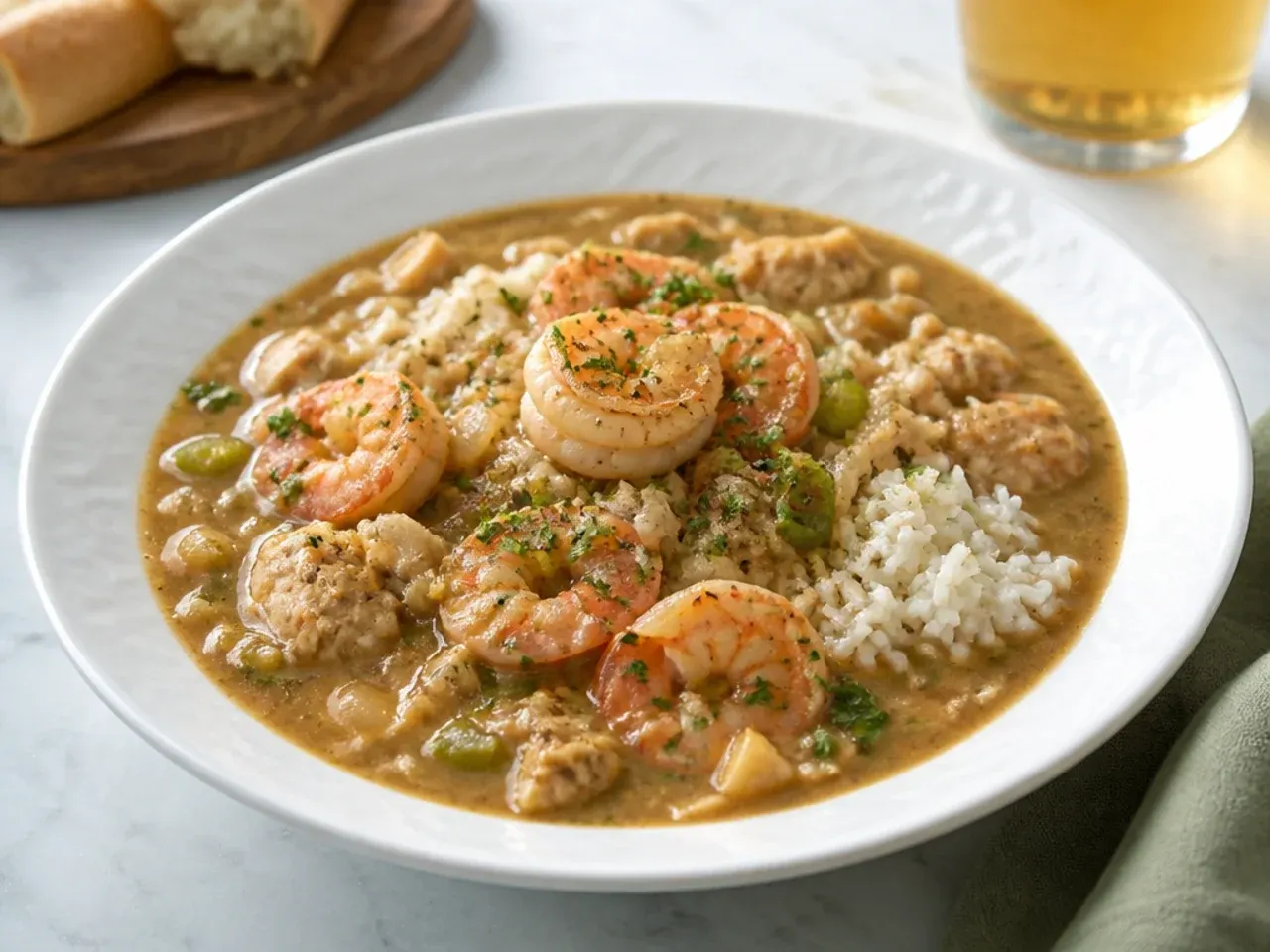 Delicate blond-roux New Orleans gumbo with shrimp, crab, and file powder