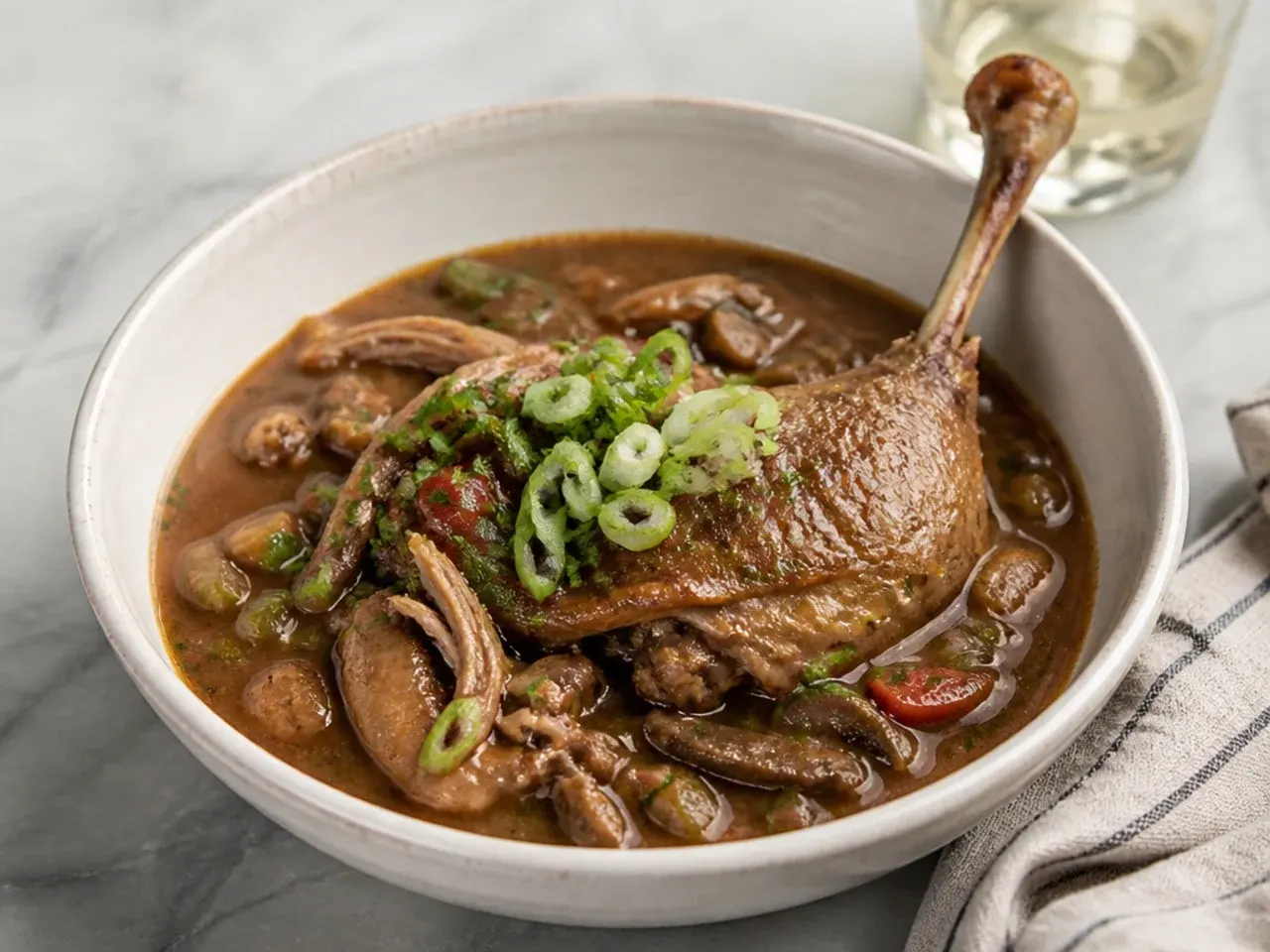 Creative New Orleans gumbo recipe with braised duck legs and wild mushrooms