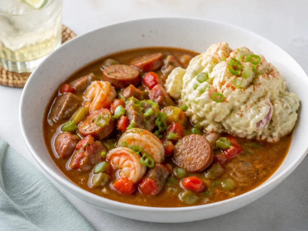 Charming bowl of New Orleans gumbo served with a scoop of Creole potato salad