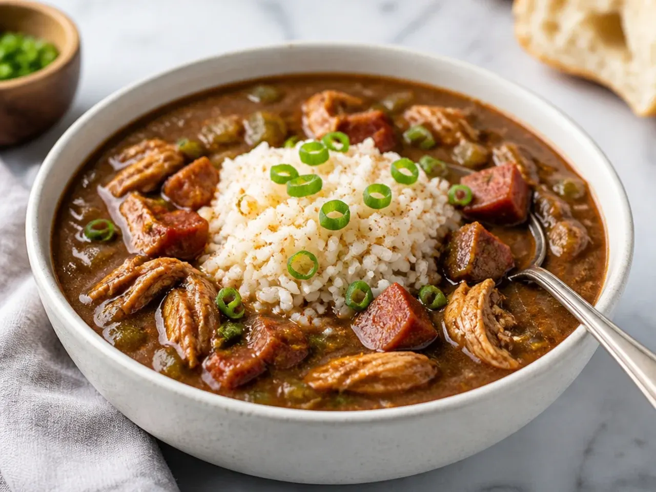 Classic New Orleans file gumbo with chicken and sausage, thickened without okra