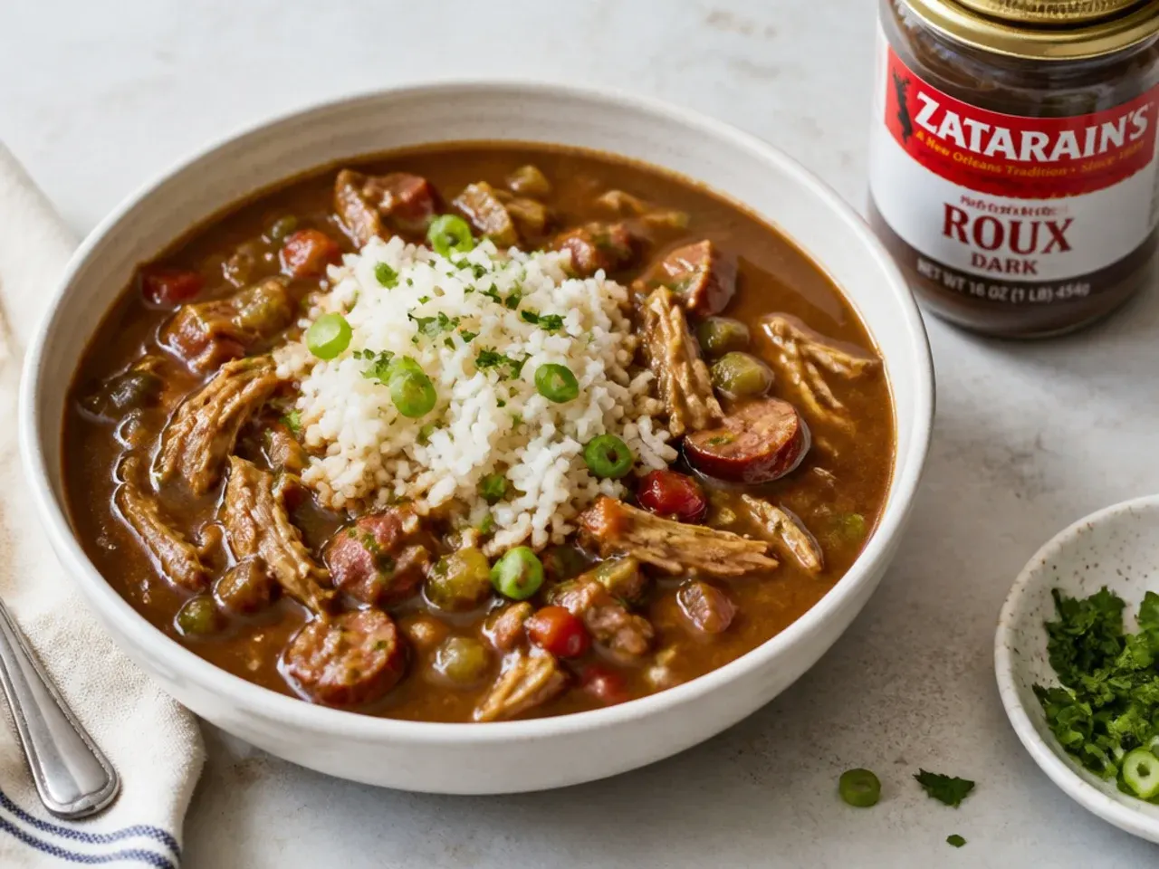 Easy weeknight New Orleans gumbo shortcut using rotisserie chicken and jarred roux