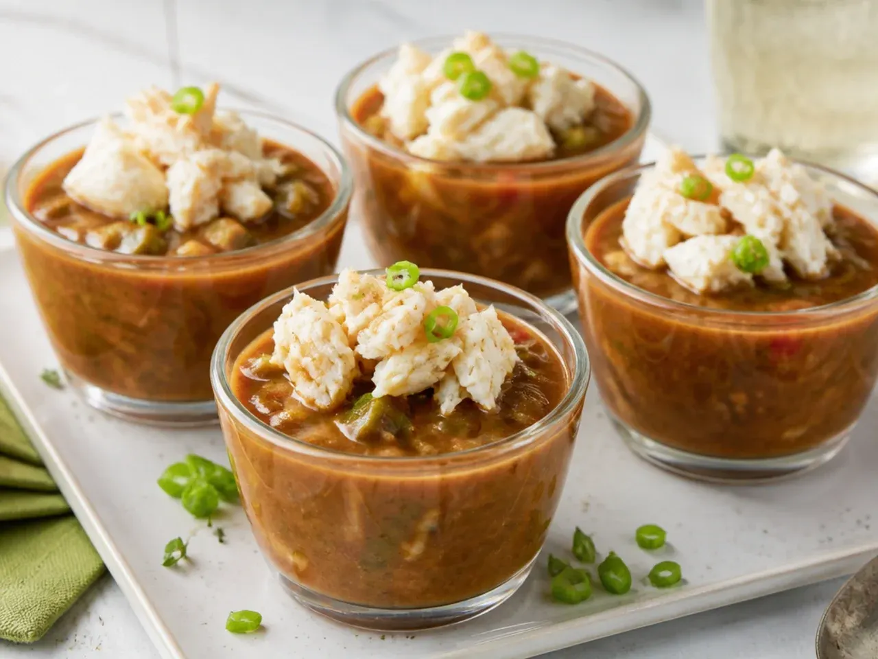 Elegant New Orleans gumbo appetizer cups topped with buttered lump crab