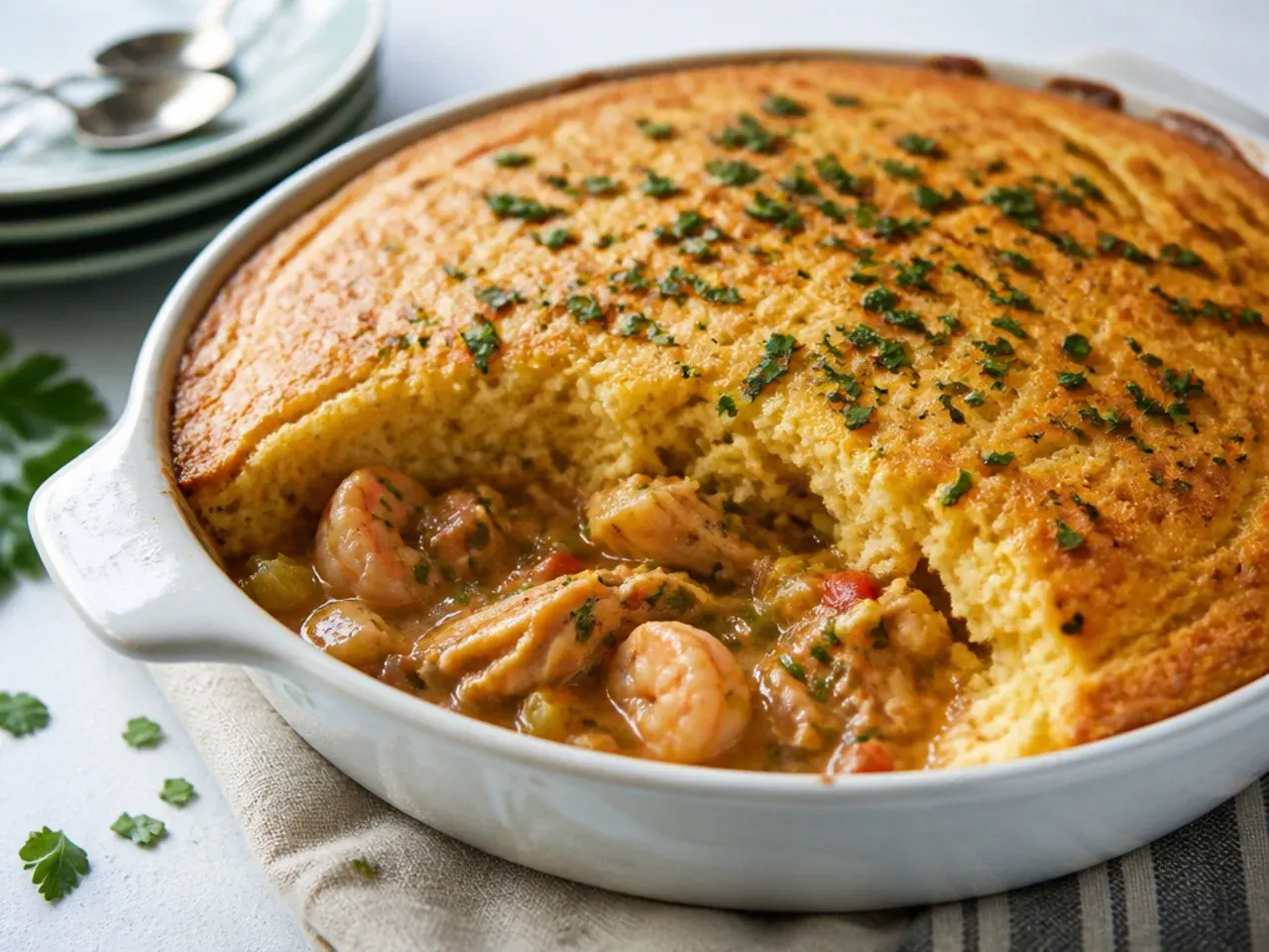 Playful New Orleans gumbo pot pie baked with a golden cornbread topping