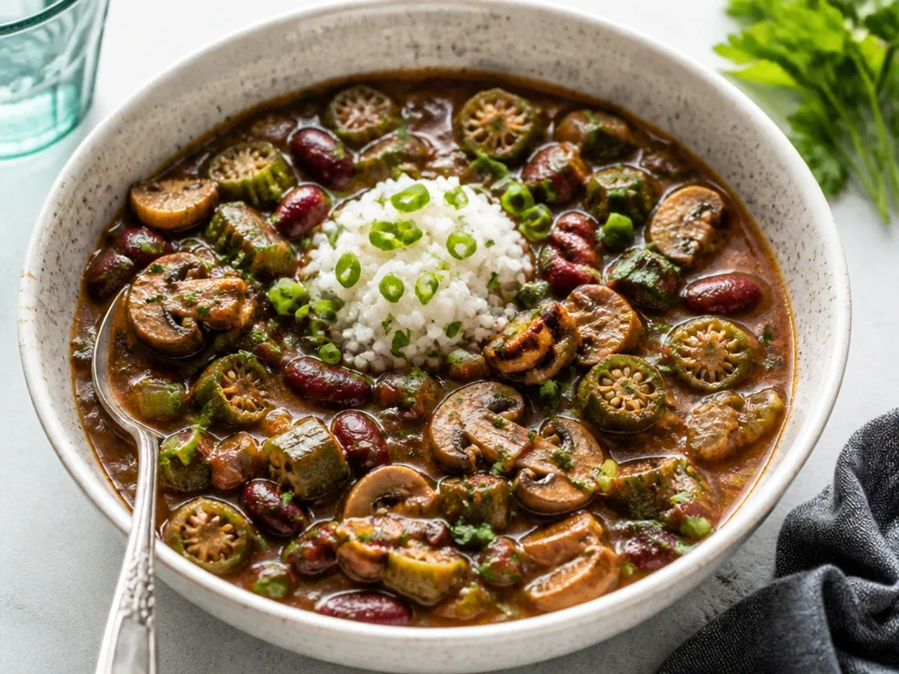 Modern vegan New Orleans gumbo with roasted mushrooms, red beans, and okra