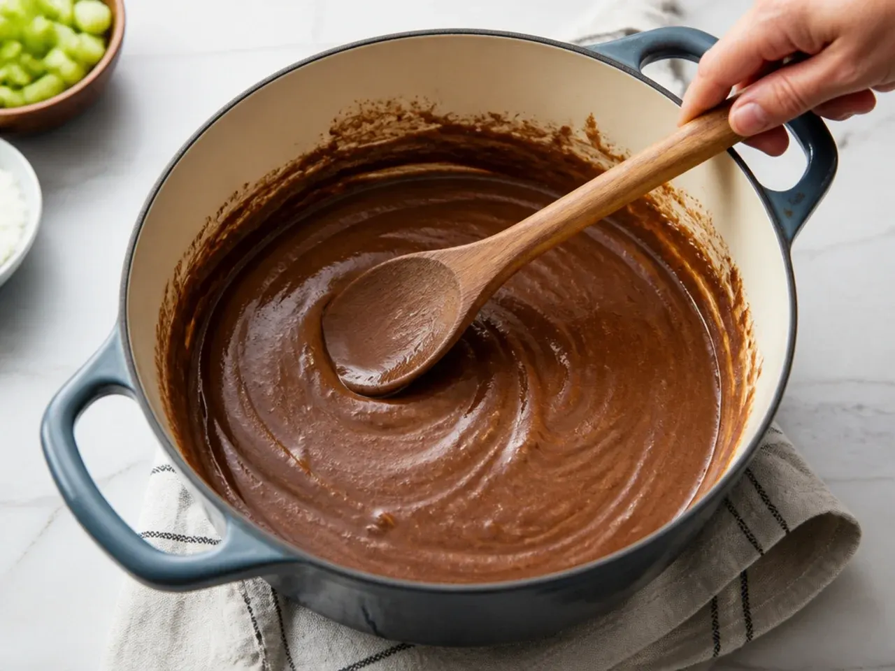 Stirring a dark milk-chocolate roux for authentic New Orleans gumbo in a Dutch oven