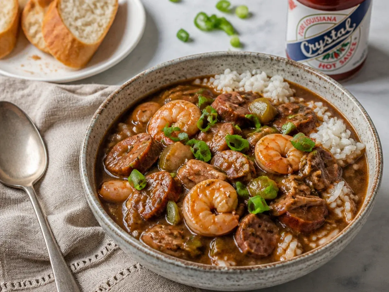 Bowl of New Orleans gumbo over rice with green onions, French bread, and hot sauce
