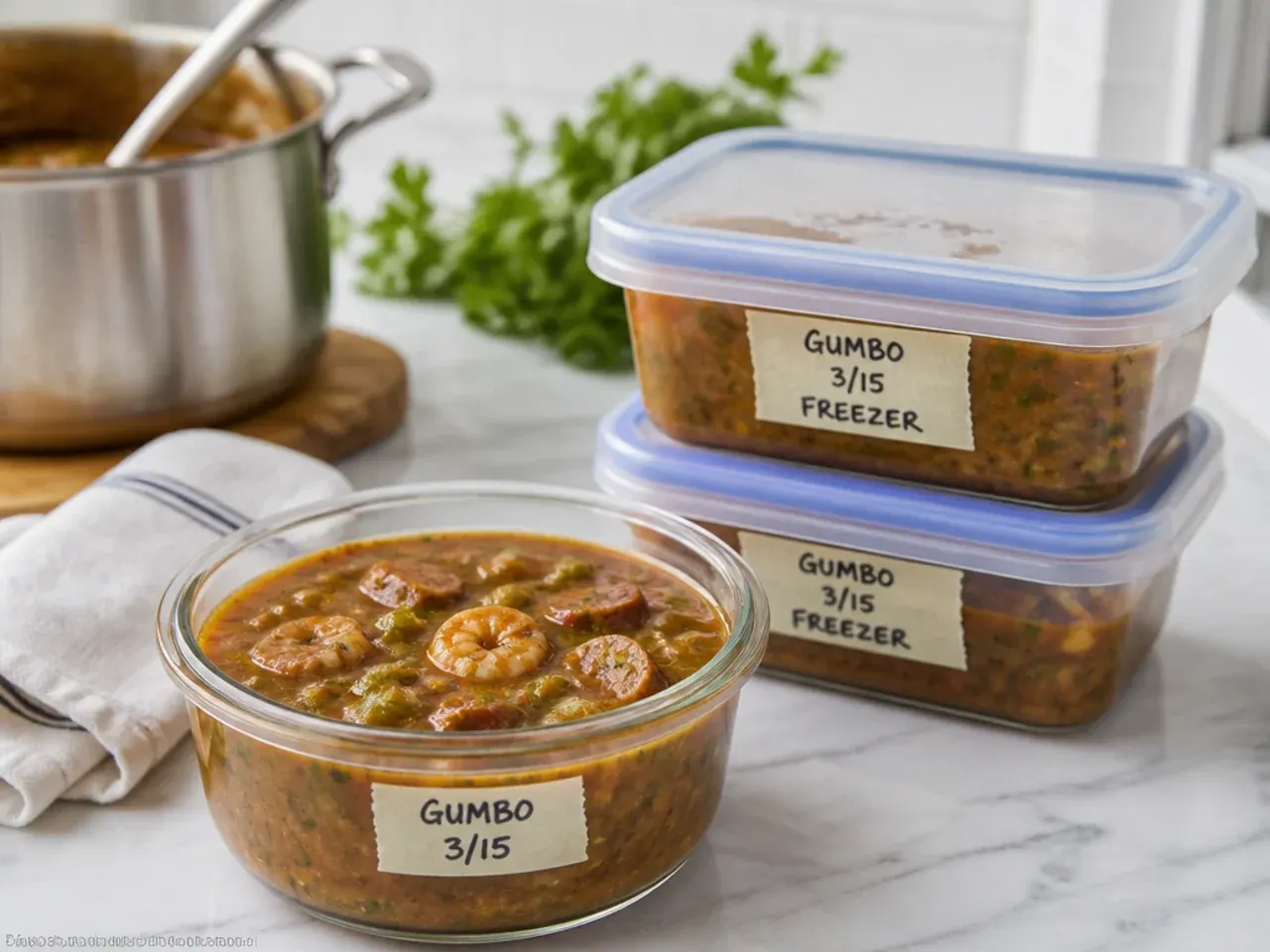 Leftover New Orleans gumbo stored in containers for the fridge and freezer