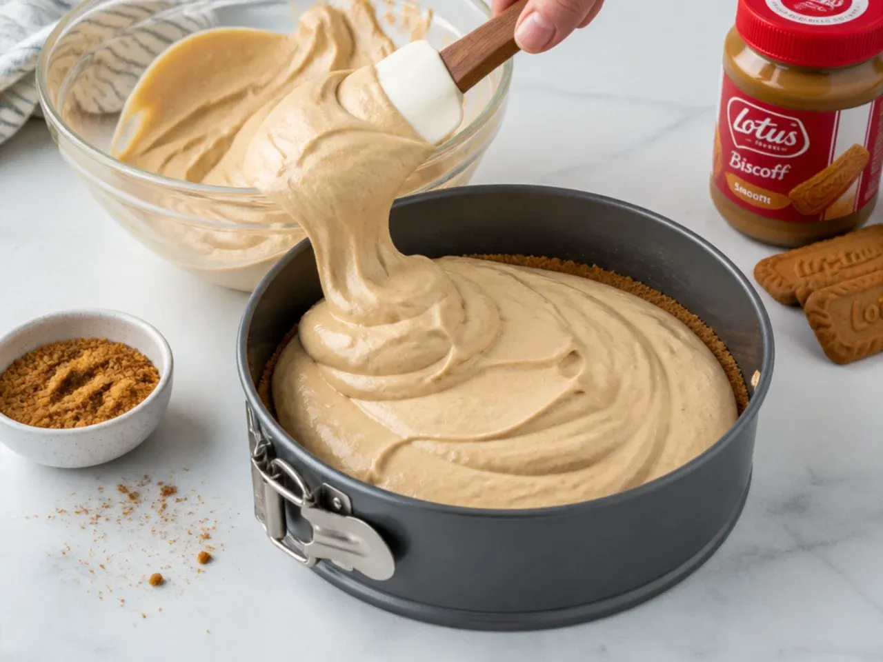 no bake biscoff cheesecake — step 4: fold and fill the tin
