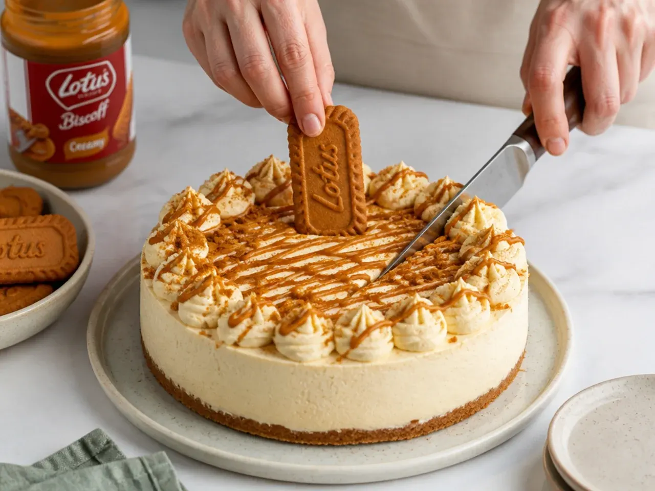 no bake biscoff cheesecake — step 7: release, decorate and slice