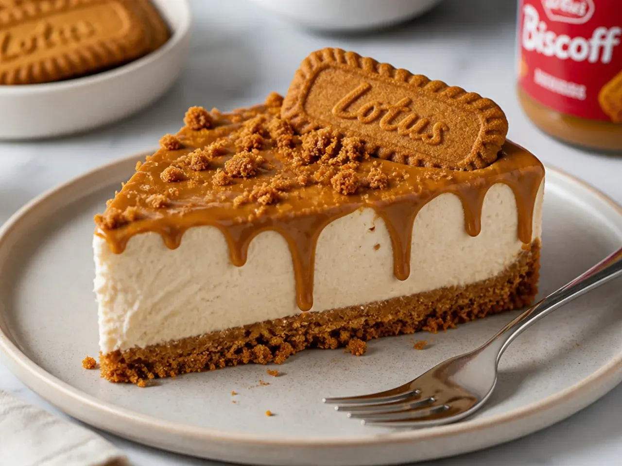Slice of no bake Biscoff cheesecake with cookie butter drip and biscuit crumb topping