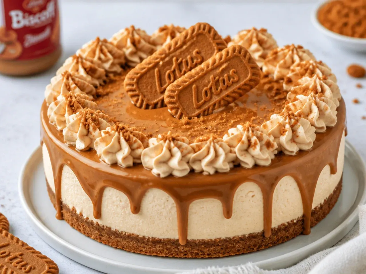 Classic no bake Biscoff cheesecake with melted cookie butter drip topping
