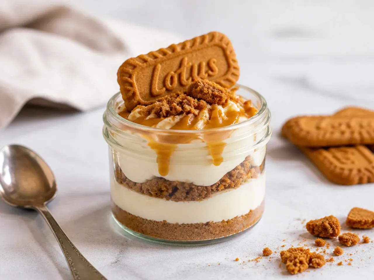 Individual no bake Biscoff cheesecake pots layered in glass jars