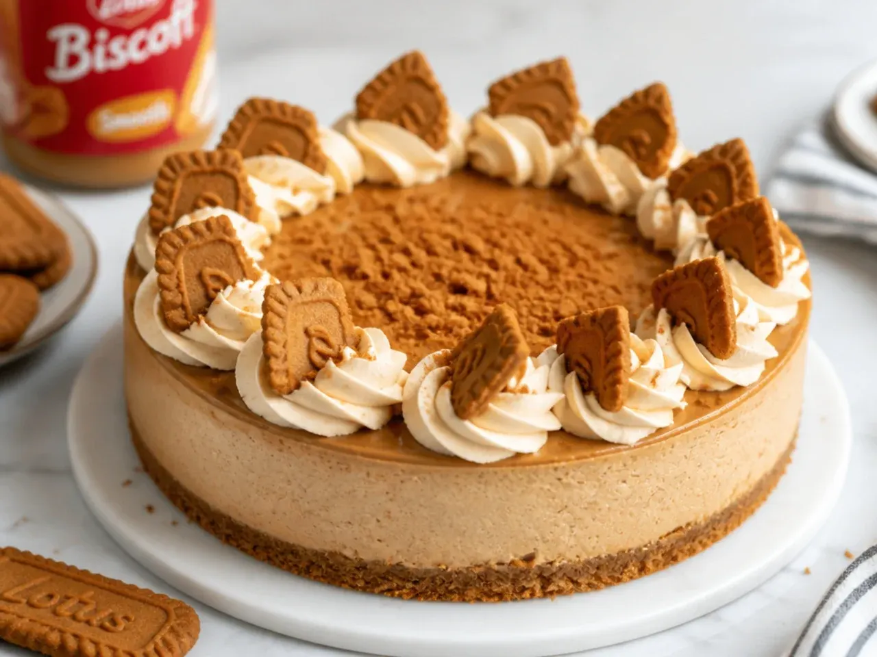 Elegant Biscoff cheesecake decorated with piped cream rosettes and biscuit halves