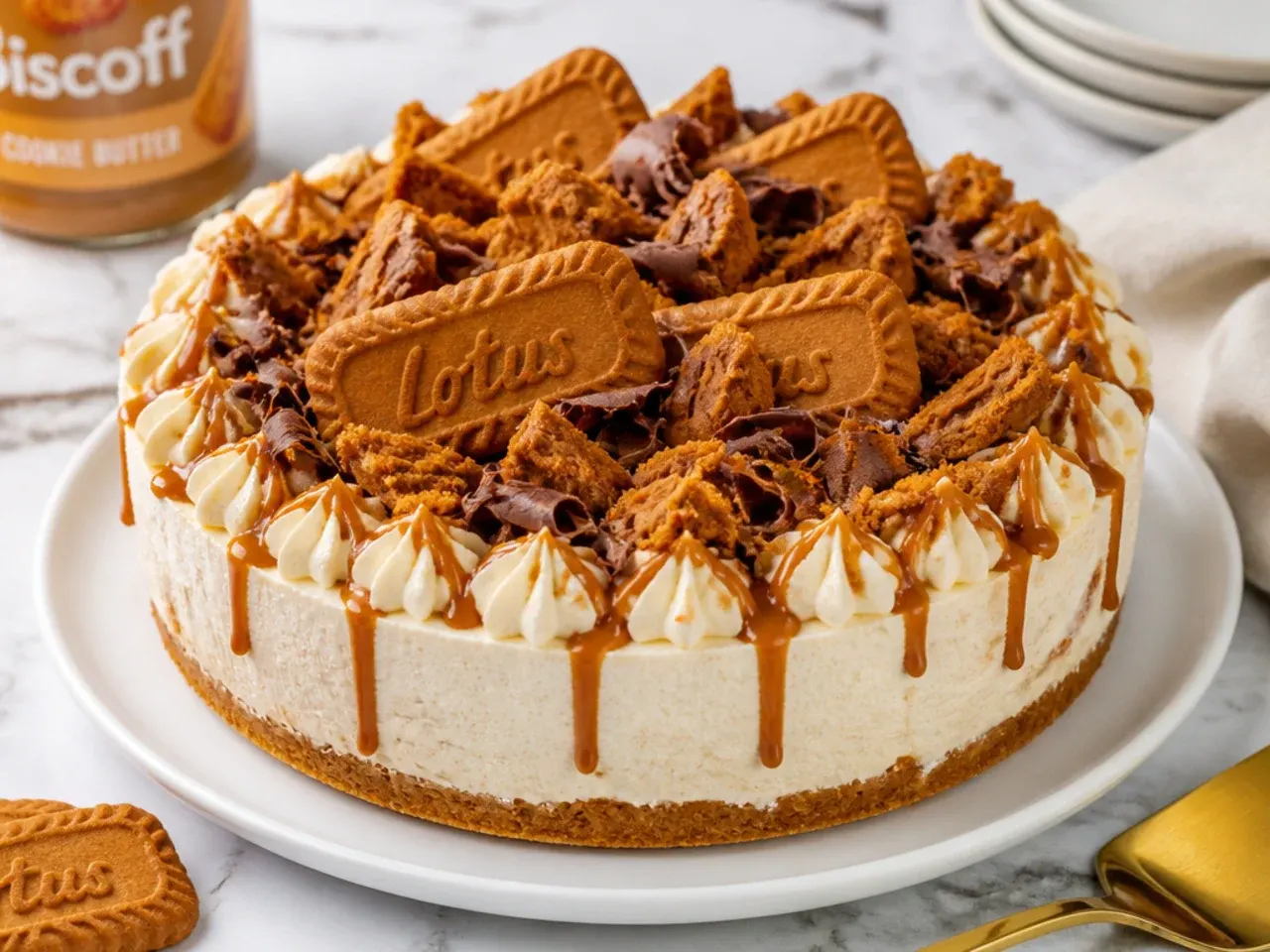 Loaded no bake Biscoff cheesecake piled with whole biscuits and chocolate curls