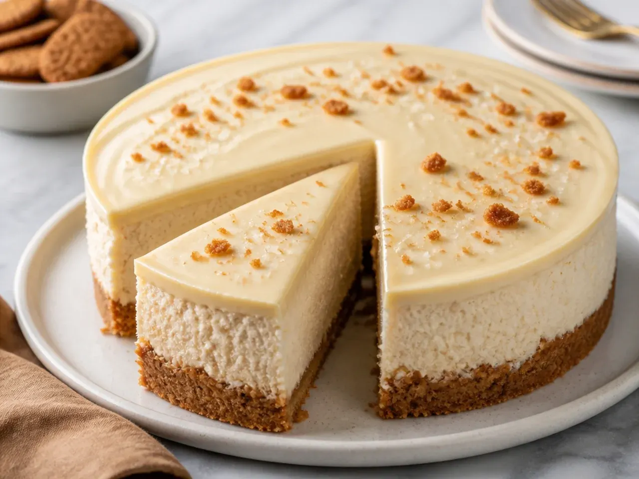 White chocolate Biscoff cheesecake with pale ganache topping and sea salt